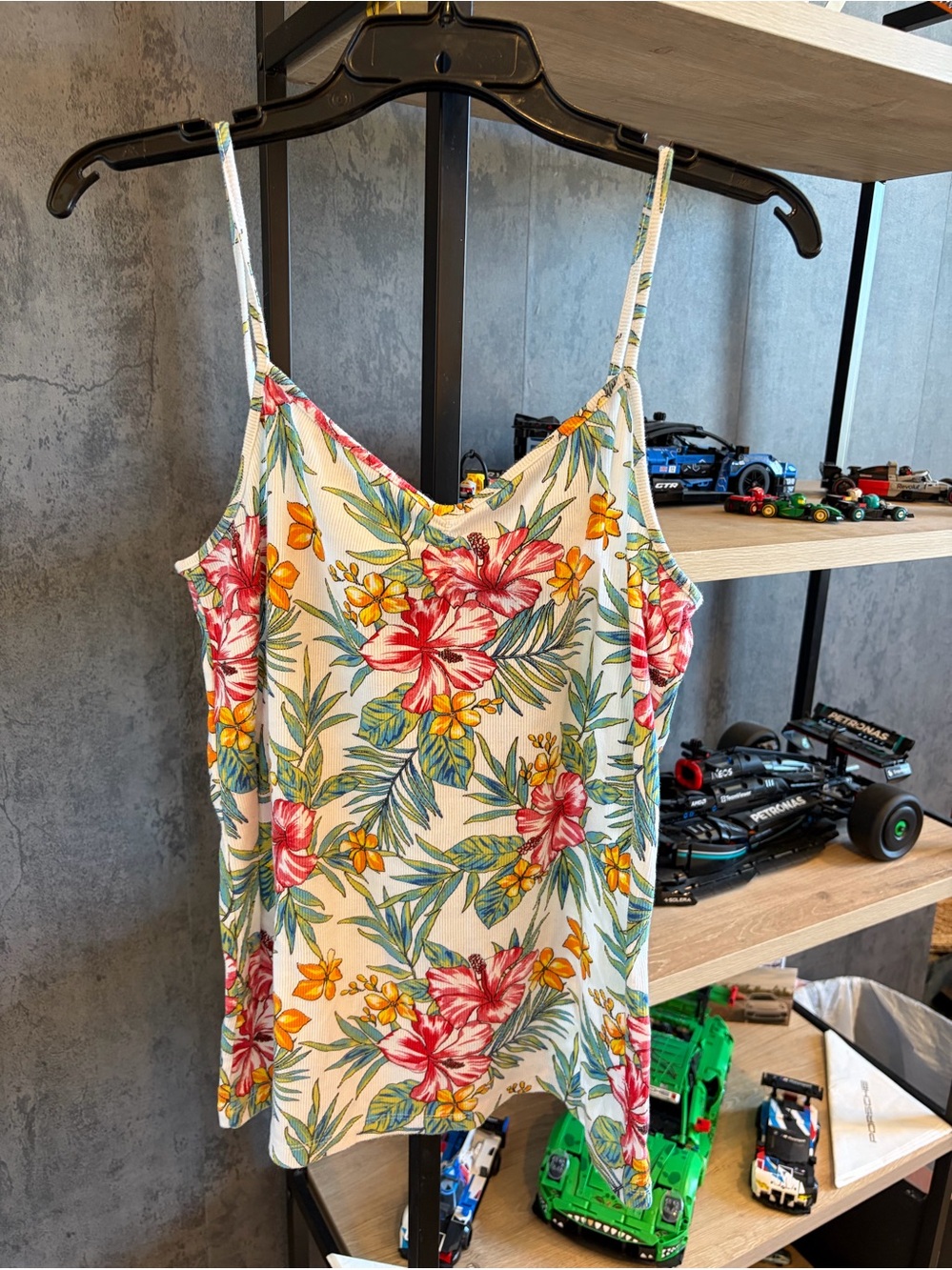 No Boundaries White Floral Spaghetti Strap Tank with Pink & Yellow Blooms